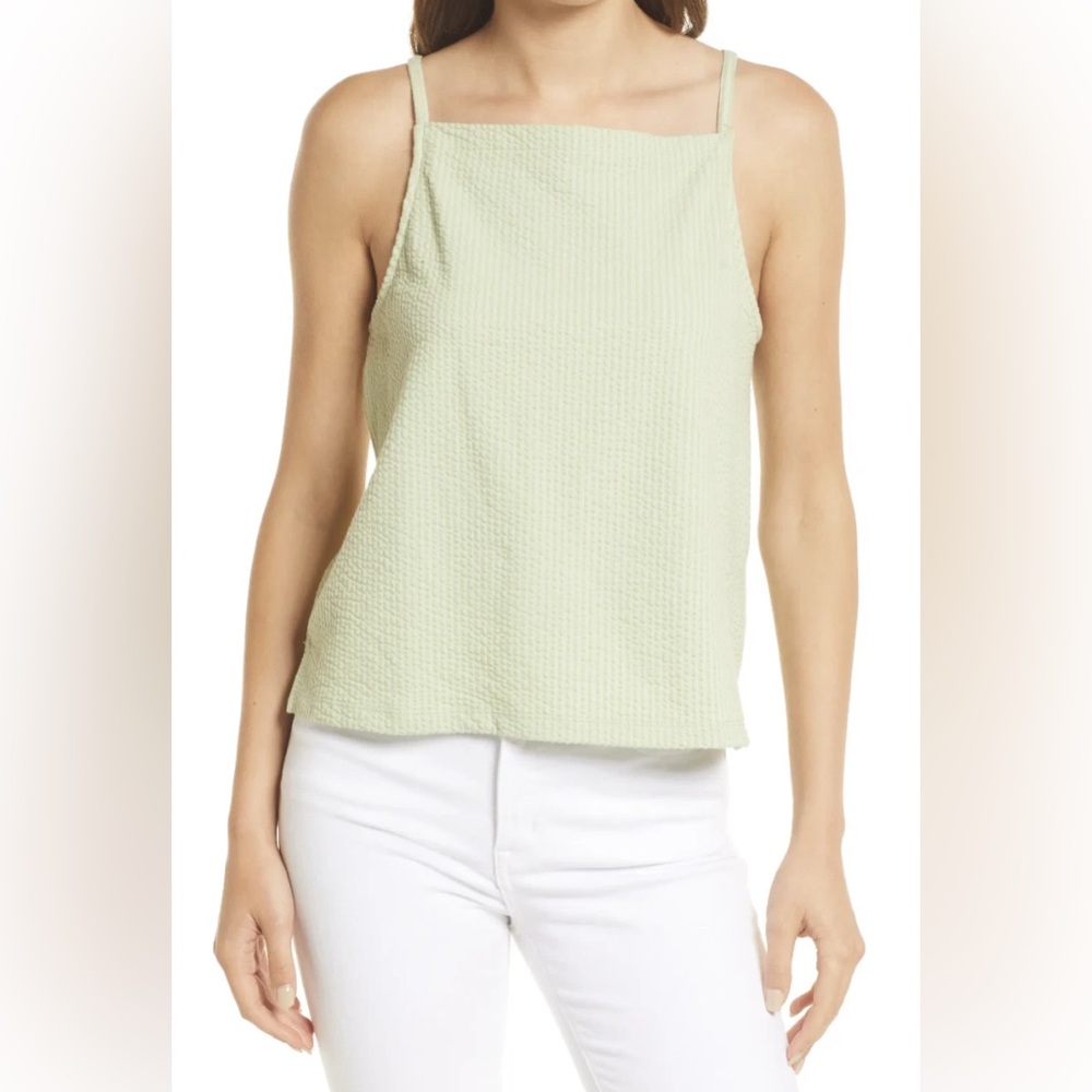 MADEWELL SUNFADED LIME SLEEVELESS TEXTURAL SEERSUCKER APRON TANK TOP